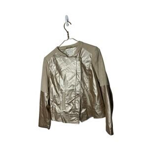 CHICOS Gold Faux Leather Suede Motorcycle Jacket 0 S Metallic Pockets Chic Party